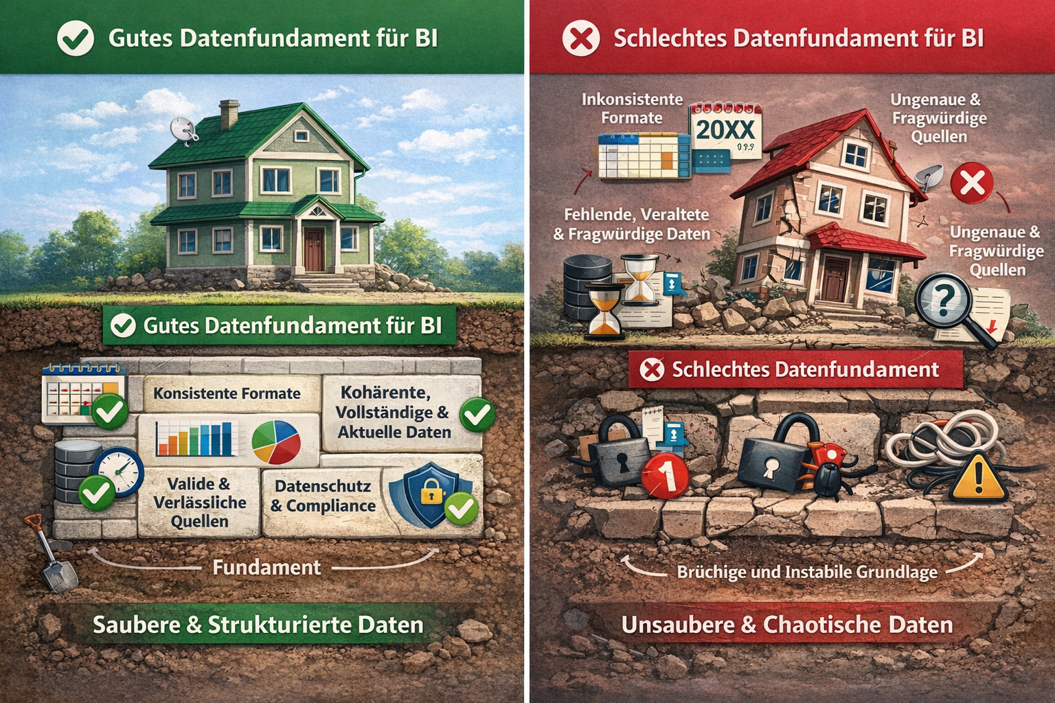 **SEO-Beschreibung (für Website oder Blog):**  Diese Infografik veranschaulicht anschaulich den Unterschied zwischen einer guten und einer schlechten Datengrundlage für ein **Business-Intelligence-System (BI)** anhand des Fundaments eines Hauses. Auf der linken Seite symbolisiert ein stabiles Haus mit solidem Fundament **saubere, strukturierte und konsistente Daten**, die für zuverlässige Analysen und fundierte Geschäftsentscheidungen notwendig sind. Faktoren wie **konsistente Datenformate, vollständige und aktuelle Daten, valide Datenquellen sowie Datenschutz und Compliance** bilden dabei die Grundlage für erfolgreiches Business Intelligence.  Im Gegensatz dazu zeigt die rechte Seite ein **instabiles Haus auf brüchigem Fundament**, das eine schlechte Datengrundlage darstellt. **Inkonsistente Formate, veraltete oder fehlende Daten, unzuverlässige Quellen und Sicherheitsrisiken** führen zu chaotischen Datenstrukturen und gefährden die Qualität von Analysen und Entscheidungen. Die Grafik verdeutlicht damit, wie entscheidend **Datenqualität und Datenmanagement** für den Erfolg von BI-Systemen und datengetriebenen Unternehmen sind.  **Keywords:** Business Intelligence, Datenqualität, Datengrundlage, BI Systeme, Datenmanagement, Datenintegration, Datenanalyse, Data Governance, Datenstrategie, Datenfundament.